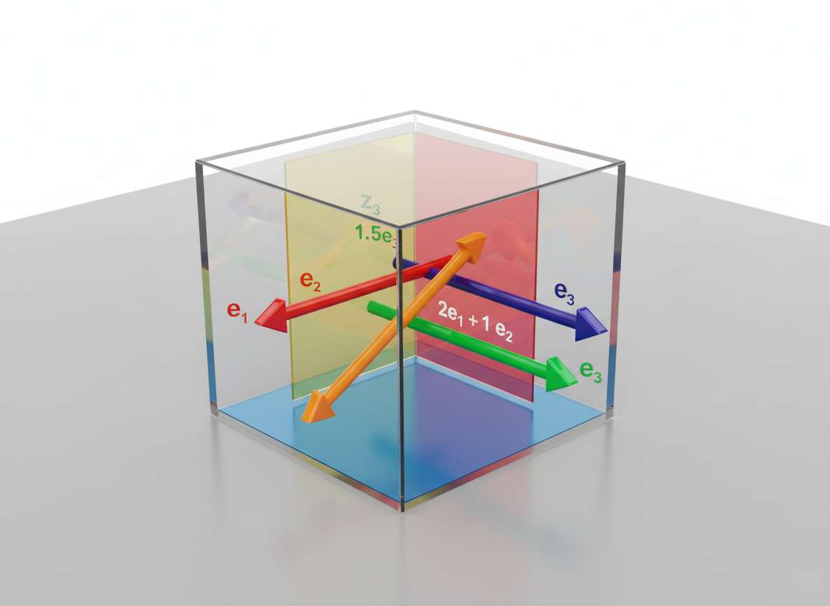 An abstract but pedagogically clear 3D scene of a transparent cube representing ℝ³, with three brightly colored, semi-transparent planes intersecting to show different subspaces. A few solid, vividly colored arrows represent basis vectors and their linear combinations, floating cleanly inside the cube. The cube rests on a neutral gray surface in a minimal studio environment with no distractions. Soft, diffused front lighting creates gentle reflections on the cube’s edges and crisp shadows beneath. Photographic realism with a slight isometric angle, sharp focus, and a clean, modern aesthetic, evoking precision and making the geometry of linear algebra visually intuitive.