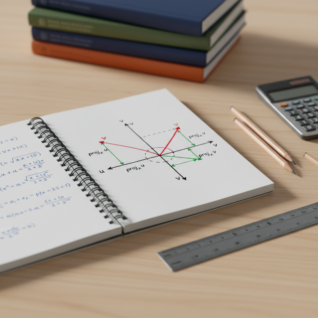A minimalist study desk featuring an open notebook displaying carefully written linear algebra formulas and a hand-drawn 2D coordinate plane with a few bold vectors and their projections on the axes. Beside the notebook lies a metal ruler, sharpened pencils, and a simple gray calculator on a smooth light-wood surface. In the background, out of focus, sit stacked math textbooks with subtle colored spines. Soft studio lighting from the left creates gentle shadows and crisp highlights, enhancing legibility. Photographic realism, slightly elevated angle with shallow depth of field, producing a calm, focused, and professional atmosphere for conceptual learning.