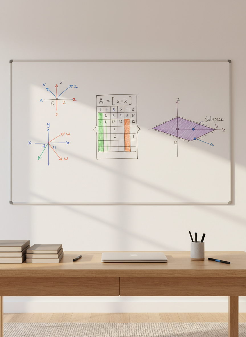 A large, clean whiteboard filled with neatly drawn, color-coded linear algebra diagrams: vectors as arrows in 2D and 3D, a clear grid representing a matrix, and a shaded plane illustrating a subspace. The board stands in a bright, modern study room with light wood surfaces and a tidy desk holding closed textbooks and a sleek laptop. Soft afternoon sunlight enters from an unseen window, creating gentle reflections on the whiteboard surface without glare. Photographic realism, eye-level composition with sharp focus throughout, professional and uncluttered. The mood is calm and academic, emphasizing clarity and structure, ideal as a main visual for an educational linear algebra website.