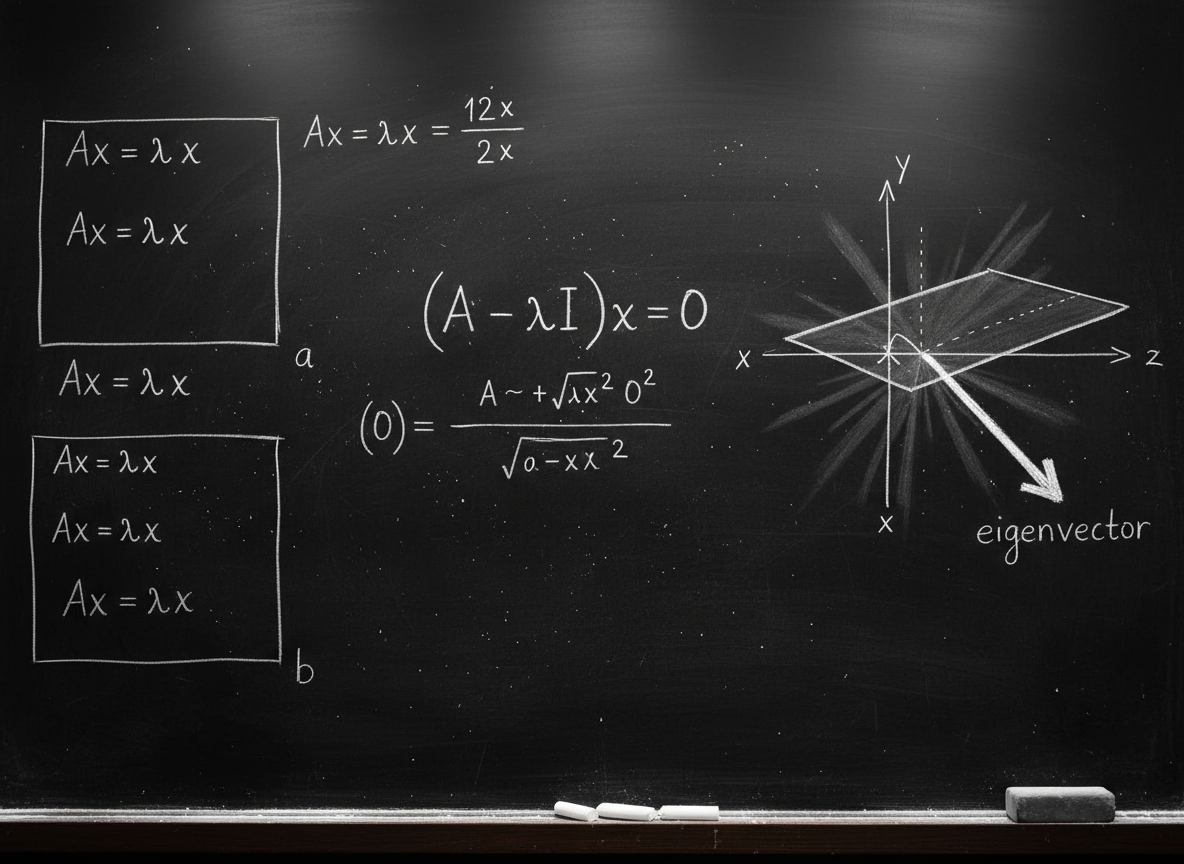 A sleek dark chalkboard surface with precisely drawn white chalk matrices, eigenvalue equations, and a simple 3D coordinate system with a plane and a bright arrow showing an eigenvector direction. Fine chalk dust subtly textures the surface, suggesting active problem-solving. The chalkboard fills most of the frame, with a slim wooden ledge holding clean white chalk pieces and an unused eraser. Directional overhead lighting creates soft, even illumination, giving high contrast without harsh reflections. Photographic realism, centered composition with moderate depth of field, conveying a serious yet approachable academic mood, perfect for illustrating core linear algebra concepts.